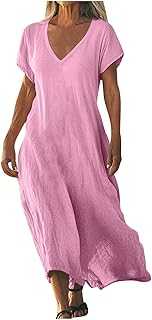 Linen Dresses for Women UK Solid Fashion Party Elegant V Neck Dress Ladies Short Sleeve Trendy Tunic Beach Dresses for Vacation Casual Plus Size Beach Coverups for Women UK