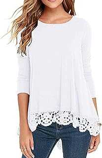 QIXING Womens Tops Lace Hem Short Long Sleeve Crew Neck Shirts A Line Tunic Blouse for Women UK