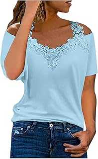 Women's V-Neck T-Shirts Fashion Floral Lace Cold Shoulder Short Sleeve Tops Dressy Casual Patchwork Blouses Lightweight Summer Tee Shirts for Ladies UK Womens T Shirt Sale Order