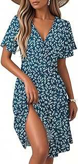 RWIOKS Women's Summer Dress Bell Sleeve Floral Party A Line Sundress Wrap Waist Casual Deep V-Neck Midi Dress