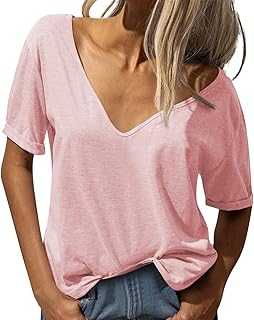 2026 Deep V Neck Short Sleeve Top Plain Casual Loose Basic T-Shirt Mesh Glitter Top