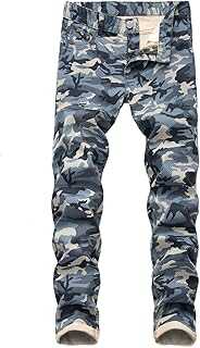 JIER Men's Camouflage Skinny Zipper Jeans Man's Straight Camo Ripped Jeans Stylish Stitching Camo Jeans