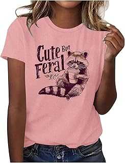Cute Raccoon Print T Shirt for Women Regular Crew Neck Short Sleeve Casual Blue Glitter Top
