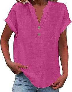 Ladies Tops Summer Cotton Linen Cap Sleeve T-Shirt Button V Neck Womens Tunic Tops Lounge Baggy Solid Plain Casual Shirts Trendy Blouse