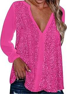 YIzdegg Women's Elegant Glitter Sexy V-Neck Long Shirt Sequins Tops Loose Pullover Party Wedding Long Sleeve Glitter Top Tunic Modern Women's Blouse Plain Jumper Shirt Casual Blouses, hot pink, XXL