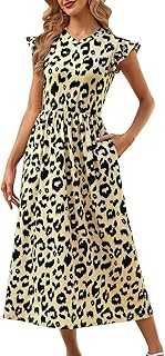 HEEKPEK Summer Dresses for Women Casual Crew Neck Ruffle Sleeve Maxi Dresses Elastic Waist Elegant Long Dress Boho Flowing Beach Sundress with Pockets