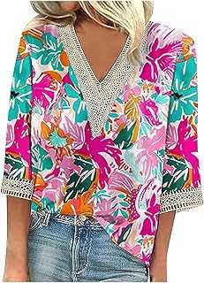 Women Fashion Spring Summer Knitted Jacquard V Neck 3/4 Sleeve Printed Casual T-Shirt Top (3) Green Glitter Top