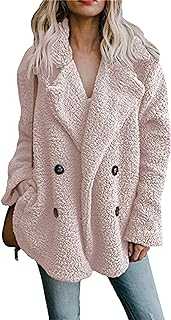 OMZIN Women's Casual Fleece Winter Coat Lapel Long Sleeves Outwear Pockets Plush Double Breasted Coat