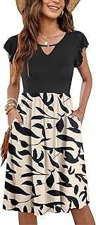 PLOKNRD Women's Summer Dress V-Neck Ruffle Sleeve Ladies Dress Elastic Waist Loose Swing Casual Dress with Pockets Knee Length