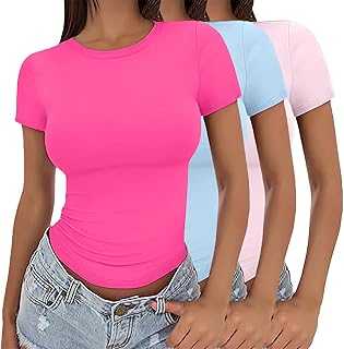 Womens 3 Pack Short Sleeve Tops Crew Neck Basic T-Shirts Stretch Fitted Summer Crop Top Slim Fit Y2K Basic Blouse Comfortable Double Lined Top Stretch Tight Crop Tee Cute Pullover Tshirts