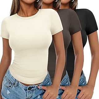Ekouaer Womens 3 Pack Short Sleeve Tops Crew Neck Basic T-Shirts Stretch Fitted Summer Crop Top Aesthetic Streetwear S-XXL