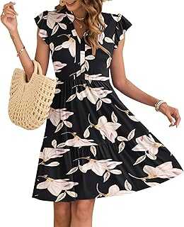 AUSELILY Women Summer Dress V Neck Ruffle Short Sleeve Ladies Dress Wrap Waist Casual Minidress with Pockets