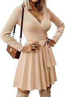 Jumper Dress for Women Winter Elegant Long Sleeve V Neck Knitted Sweater Party Dresses Ladies Casual High Waist Pleated Tunic Dress