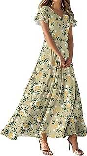 Dress for Women Swing Flowy Ruffle Hem Dresses Chiffon-Dress Summer-Dresses Casual Maxi Floral A-line V Neck Empire Waist Long Vacation