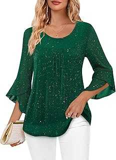 Oheyeseker Women's Ruffle 3/4 Sleeve Crew Neck Double Layers Mesh Blouses, Loose Fit Flowy Tunic Tops