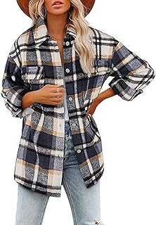 FUZUAA Womens Casual Wool Blend Plaid Flannel Shackets Jacket Button Down Shirt Coat