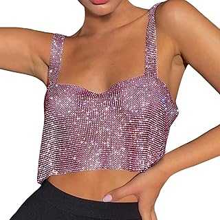 Sparkle Club Tank Tops for Women Trendy Sequin Square Neck Sleeveless Y2K Blouses Rhinestone Sparkly Party Cute Glitter Spring Tank Top Cropped Backless Crop Camisole Shiny Basic