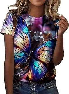 Women's Fashion Round Neck Short Sleeve Summer Holiday T Shirts Butterfly Print Blouse Tops Glitter