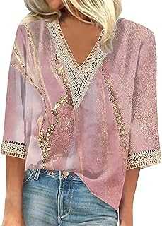 Women V Neck Lace Short Sleeve Casual Summer Top Home Casual Glitter Top