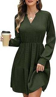 CMTOP Jumper Dress for Women Long Sleeve V Neck Elastic Waist Dresses Ladies Elegant Sweater Tunic Casual Midi Bodycon with Pockets