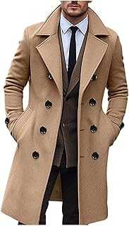 AEGJEGVD Wool Coats for Men UK Clearance,Long Trench Coat Mens Solid Turndown Long Sleeve Classic Business Coat Winter Casual Slim Fit Double Breasted Overcoat Windbreaker Warm Pea Coat S-3XL
