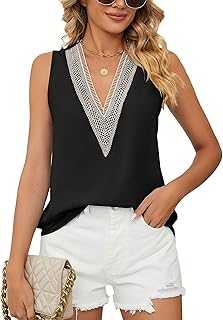 Famulily Women's Lace Trim V Neck Tank Tops Sleeveless Summer Casual Chiffon Vests Blouse Shirts