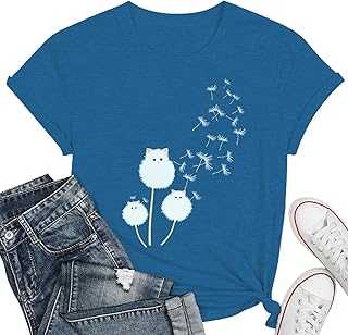 Cat Shirts for Women Flower Shirts Womens Dandelion T-Shirt Cute Dandelion Cat Graphic Print Tee Tops