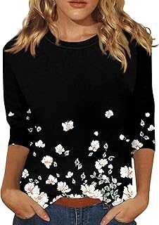 DIYIOUZHOU T-Shirt for Women UK Ladies 3/4 Sleeve Tops Printed Blouse Round Neck Casual Tops Business Office Loose Top Fall/Summer