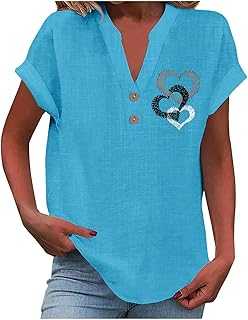 Womens Linen Shirts Cotton Shirts for Women UK Off The Shoulder Top V Neck Button Up Tshirt Tops for Women Pullover Linen Tops Ladies Short Sleeve Blouses Tunic Blouse Womens Tunic Tops UK Slim Thin