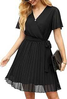 GRECERELLE Womens Summer Casual Wrap Dress Chiffon Cute Pleated Beach Tie Waist Dresses for Women