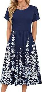 MOLERANI Summer Dresses for Women UK Round Neck Short Sleeve Elegant Tunic Dress Classic Midi Dress with Pockets