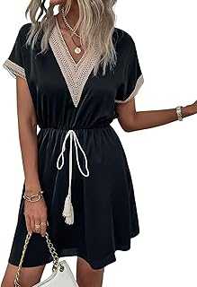 Atxnn Womens Summer Dresses Boho V Neck Short Sleeve Flowy Mini A-line Dress with Lace Trim for Beach Party Holiday