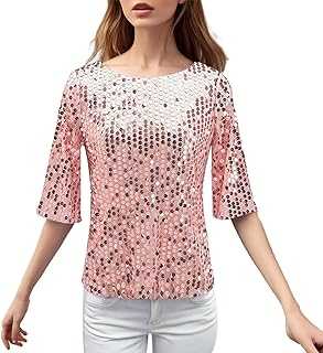 Glitter Tops Women's Silver T-Shirt 3/4 Long Sleeve Round Collar Blouse Women's Elegant Festive Elegant Sweatshirts New Year's Eve Outfit Women's Glitter Top Sequins Top Women's Silver