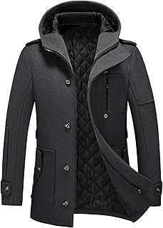 KUDORO Mens Winter Coats Padded Single Breasted Outwear Thick Trench Wool Blend Peacoat with Hood