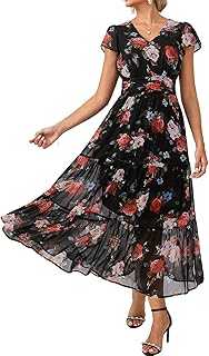 GRACE KARIN Women's Summer V-Neck Floral Dress with Pockets Ruffle Sleeves A-Line Fitted Waist Dresses