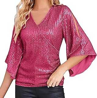 Glitter Top Women's Long Sleeve Wrap Blouse - Festive Blouses Women's Wedding Sequin Blouse Shirt Elegant Glitter Blouse V-Neck Long Blouse Long Blouse Party Long Sleeve Shirt Glitter Top