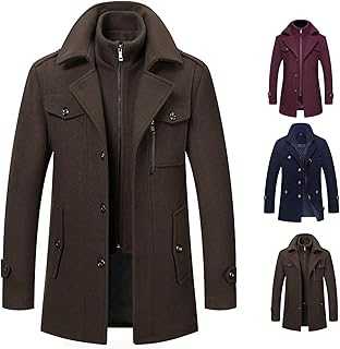 Men's Wool Blend Long Pea Coat Slim Fit Single Breasted Trench Coats Winter Warm Mid-Length Jackets Overcoat