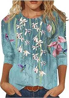 Ladies 3/4 Length Sleeve Tops Summer Casual Crewneck Shirts Loose Fit Print Three Quarter Length Sleeve Blouses