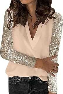 Glitter Tops Women's Party Elegant: Sequin Top Long Sleeve Glitter Blouse Sexy V-Neck Festive Blouses Long Sleeve Party Glitter Shirt New Year's Eve Outfit Blouse Shirt Long Blouse Glitter Top