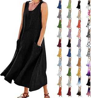 Skang Summer Dresses for Women UK Long Maxi Dresses Cotton Linen Casual Oversized Tunic Dress Sleeveless Vest Dress with Pockets Solid Color A-Line Dress Baggy Sundress Vacation Daily Party Dresses