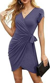 GRECERELLE Womens Wrap V Neck Petal Short Sleeve Summer Dress for Casual Cocktail Party Work, Tie Waist Mini Dresses for Ladies