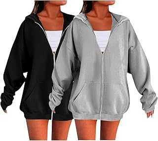 2 Piece Hoodies For Women Uk Oversized Solid Color Sweatshirts For Women Uk Ladies Zip Up Plain Hoodies Cardigans Tops Long Sleeves Casual Fashion Loose Hooded Jackets Sports Sweater With Pockets