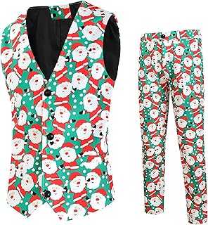 Men Christmas Waistcoat and Pants Set UK Clearance 2 Piece Tuxedo Suits Santa Claus Xmas Costume V-Neck Button Down Vest Trousers Formal Business Slim Fit Suits Novelty Party Outfit Wedding Prom