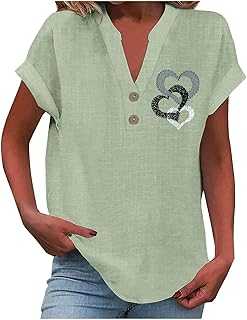 Blouses for Women UK Linen Blouses for Women UK Ladies T Shirts Size 16 Short Sleeve Blouse Sexy Tops for Women UK Shirts for Women Tunic Blouse V Neck Button Up Tshirt Pullover Linen Tops Slim Thin