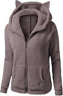 Fleece Jackets for Women UK Zip Up Hoodie Cat Ear Hooded Sweatshirt Sherpa Teddy Bear Coat Plain Winter Warm Plush Jacket Zipper Coats Open Front Cardigans Ladies Fluffy Hoodies Thick Outwear