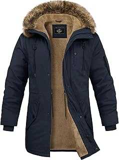 Lonya Men's Jacket Thermal Winter Parka Fleece Lined Coats Windproof Thick Fluff Lining Cotton Padded Coat with Faux Hood 5 Pockets