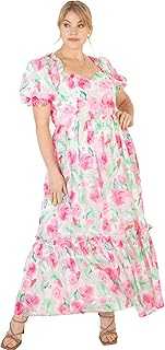 Lovedrobe Women's Ladies Maxi Dress for Plus Size Curve Puffed Short Sleeve Back Tie Belt for Summer Party Office Flower Pattern