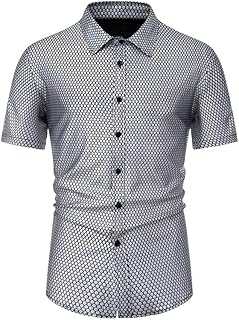 YANQSHM Mens Short Sleeved Shirts Luxury Shiny Shirt Rhombus Bronzing Printed Men Holiday Shirt Nightclub Work Shirts for Men 70S Disco Party Costume Mens T-Shirts
