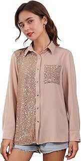 Meufam Women Fashion Sequins Long Sleeve Shirt Solid Button Down Lapel Collar Glitter Sparkle Disco Tunic Tops Blouses