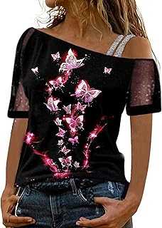 Printed Top Shirt Off Shoulder Top Sexy Glitter Short Sleeve Elegant Shirt Loose Blouse Top T Shirts Women's V Neck